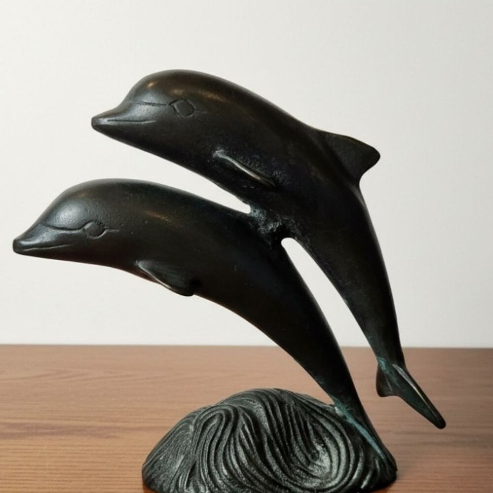 Bronze Dolphins Sculpture On Wave Base By SPI, San Diego CA